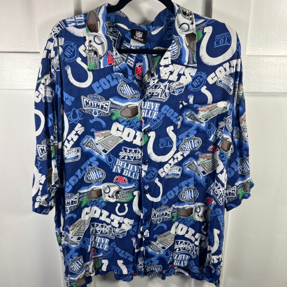 NFL Team Apparel Indianapolis Colts All Over Print Rayon Shirt Blue Mens 2XL